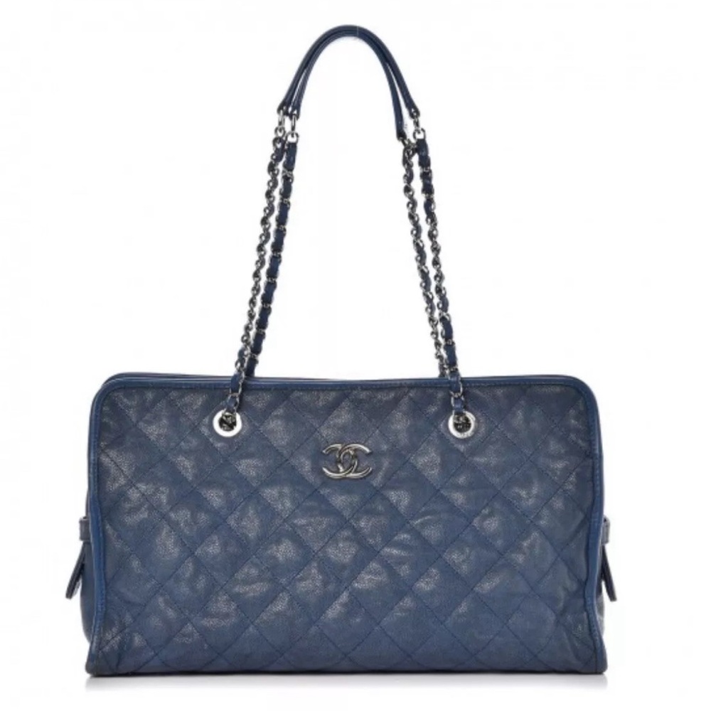 Chanel French Riviera Tote Quilted Caviar Large Blue Silver HW